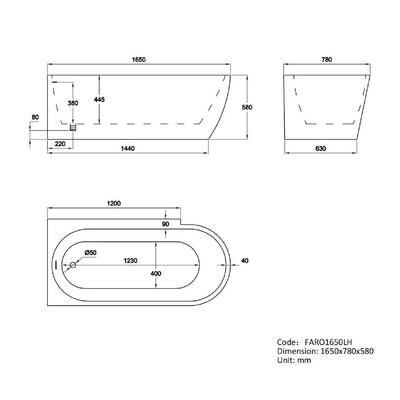 Freestanding Single Ended Left Hand Corner Bath 1650 x 780mm - Faro