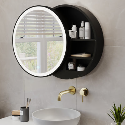 Brass Sliding Mirrored Bathroom Cabinet with Lights 600 x 600mm - Elara