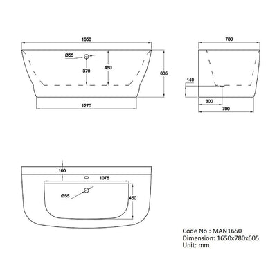 Freestanding Double Ended Back to Wall Bath 1650 x 780mm - Manilla