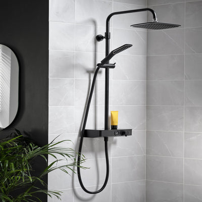 Triton Black Push Button Thermostatic Mixer Bar Shower with Square Overhead & Hand Shower